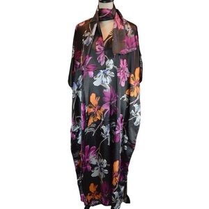 Sante Classics Floral Kaftan MuuMuu Deep Brown with Neck Scarf One Size NEW